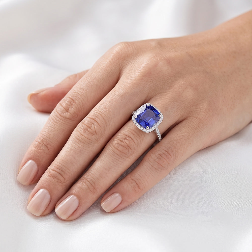Ladies Halo Ring Cushion Ceylon Sapphire & Natural Earth Mined Diamonds 5 Carats Gold 14K