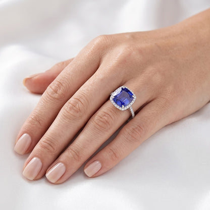 Ladies Halo Ring Cushion Ceylon Sapphire & Natural Earth Mined Diamonds 5 Carats Gold 14K