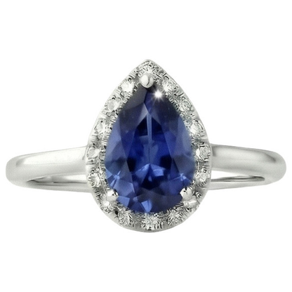 Natural Real ( Not Lab Grown )  Ladies Halo Ring Pear Cut Ceylon Sapphire 2.50 Carats White Gold 14K