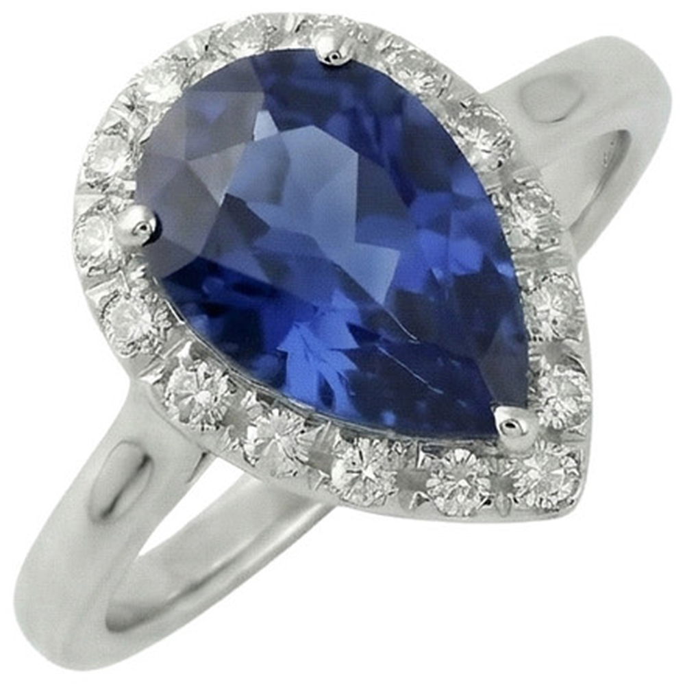 Natural Real ( Not Lab Grown )  Ladies Halo Ring Pear Cut Ceylon Sapphire 2.50 Carats White Gold 14K