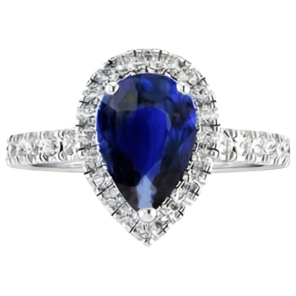 Ladies Halo Sri Lankan Sapphire & Natural Earth Mined Diamond Ring 4 Carats White Gold 14K