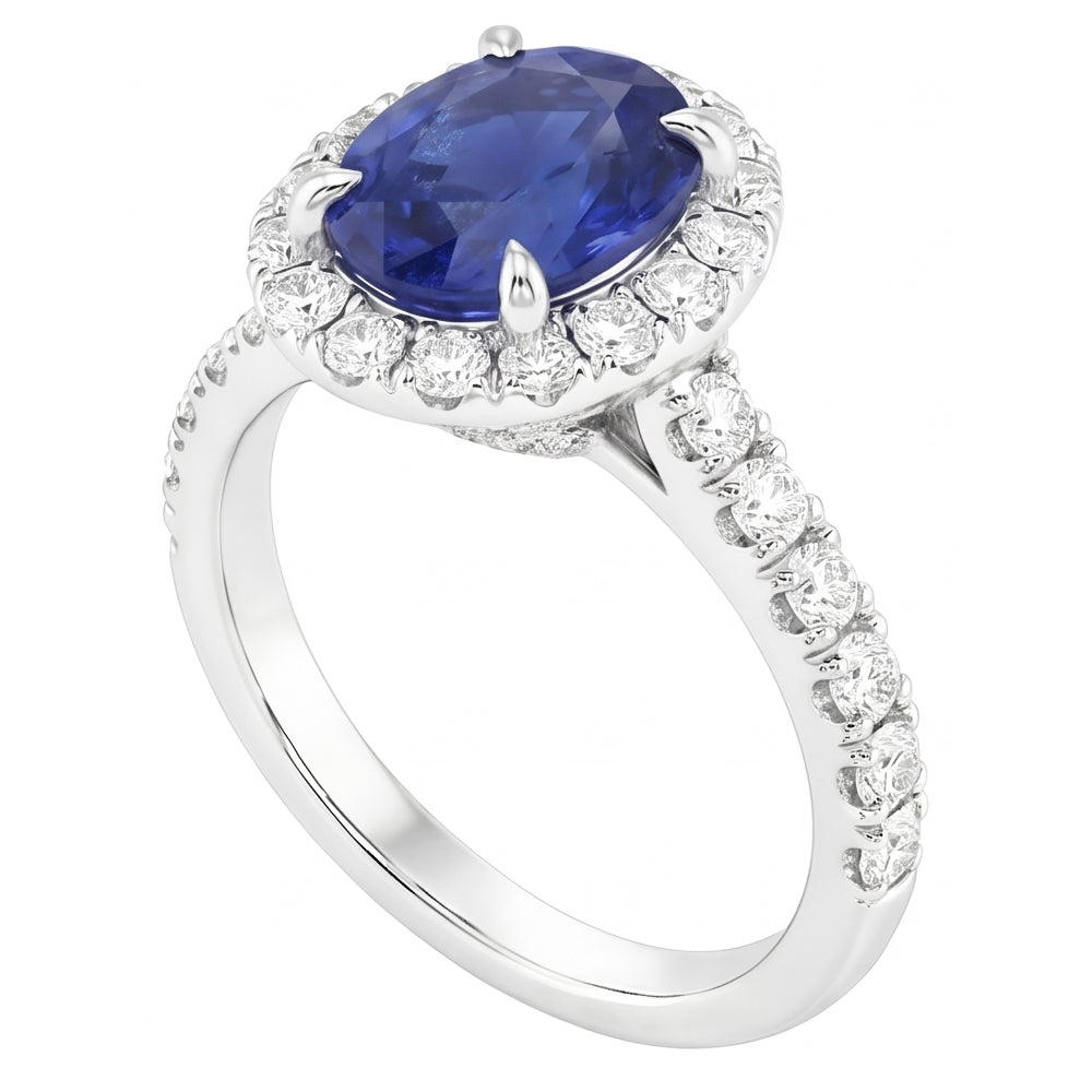 Ladies Halo Sri Lankan Sapphire & Pave Set Natural Earth Mined Diamond Ring 5.50 Carats