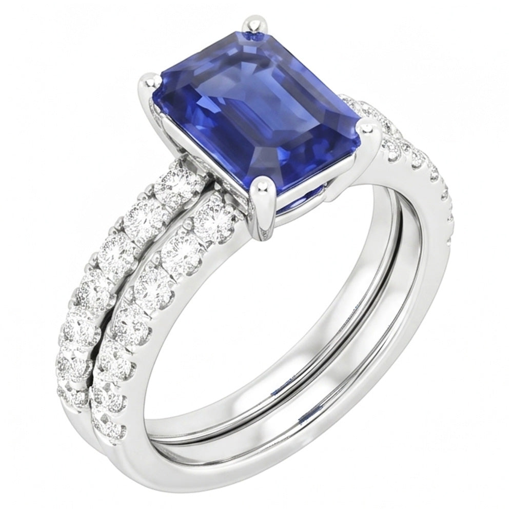 Ladies Natural Earth Mined Diamond Engagement Ring Set Emerald Cut Blue Sapphire 3 Carats
