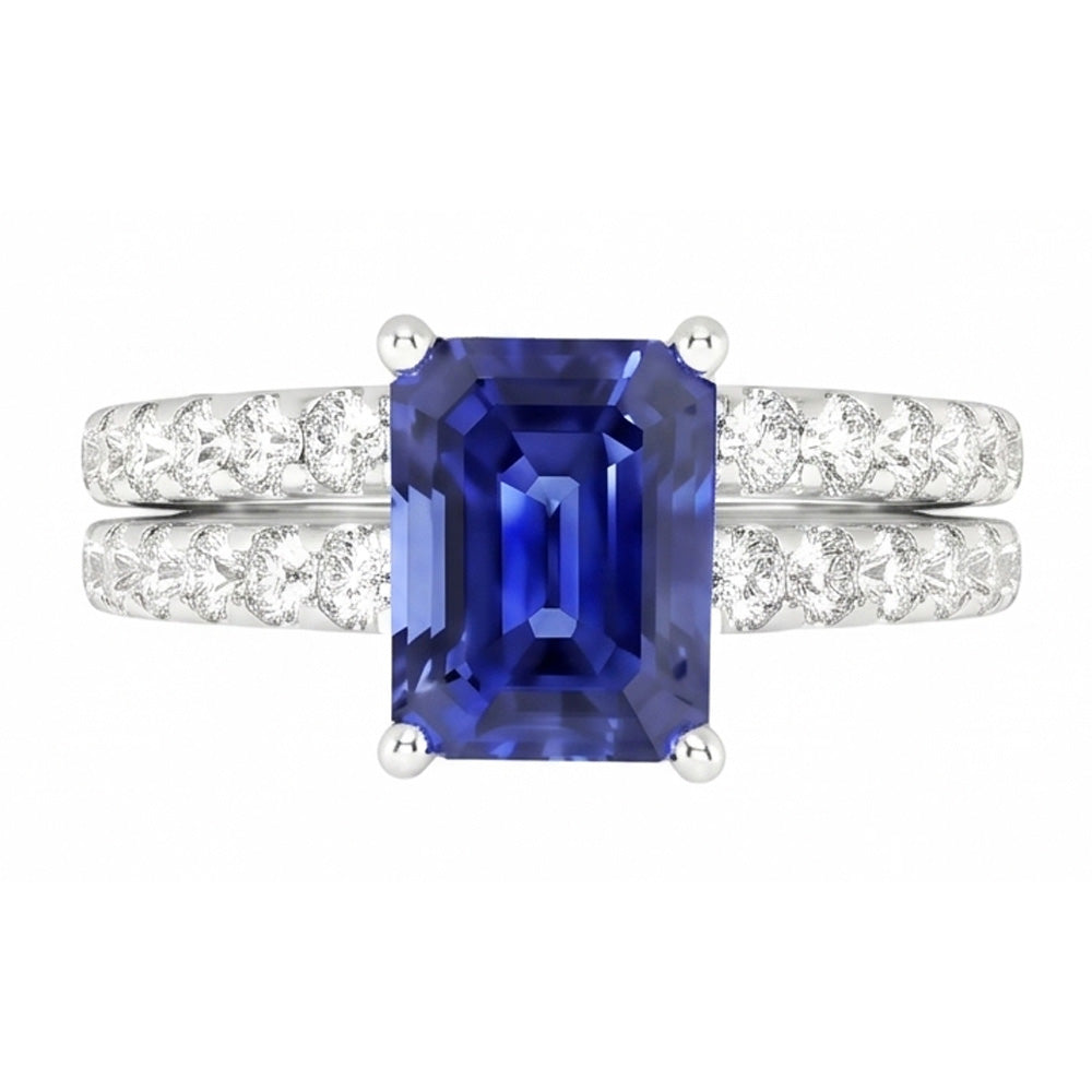 Ladies Natural Earth Mined Diamond Engagement Ring Set Emerald Cut Blue Sapphire 3 Carats