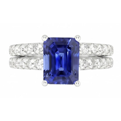 Ladies Natural Earth Mined Diamond Engagement Ring Set Emerald Cut Blue Sapphire 3 Carats