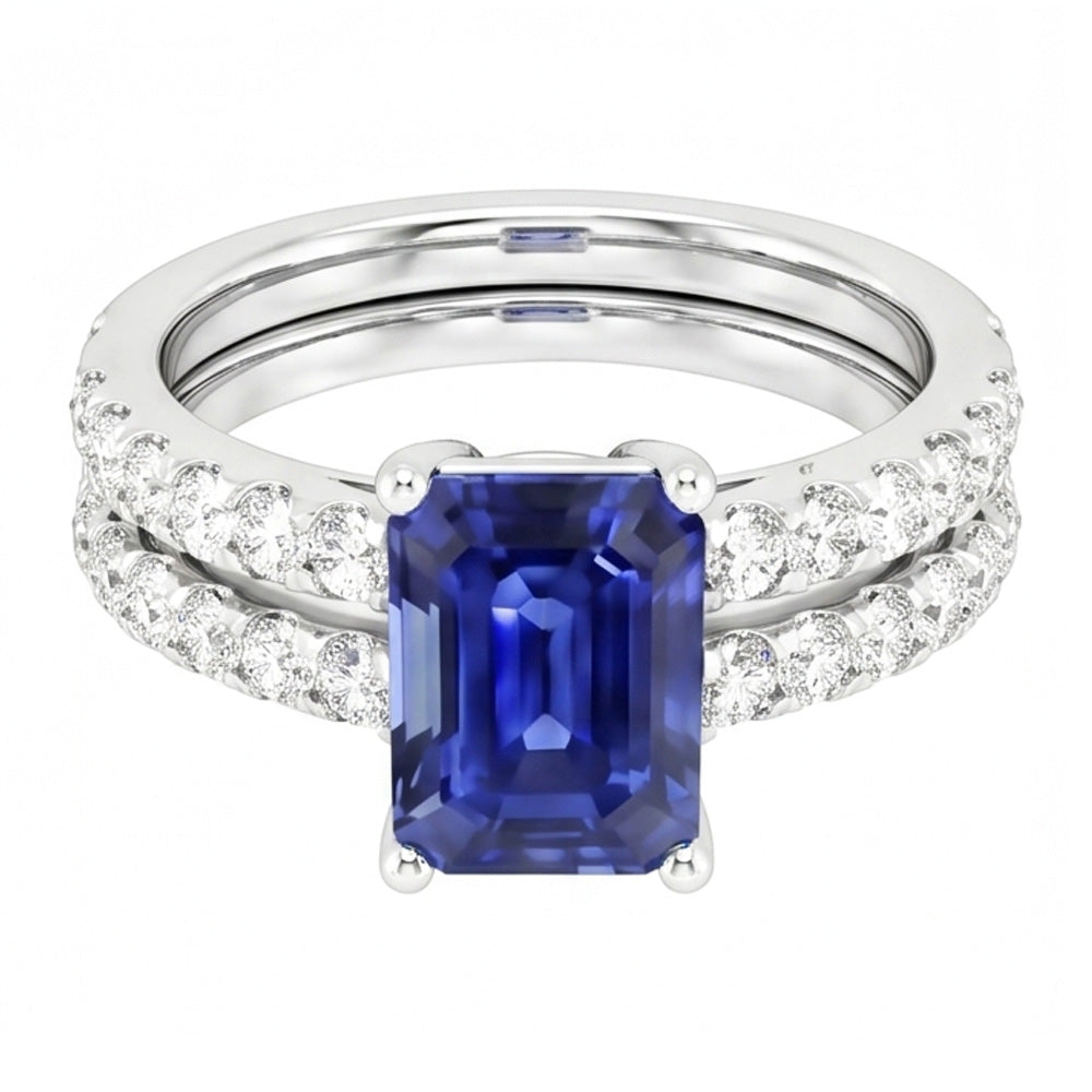 Ladies Natural Earth Mined Diamond Engagement Ring Set Emerald Cut Blue Sapphire 3 Carats