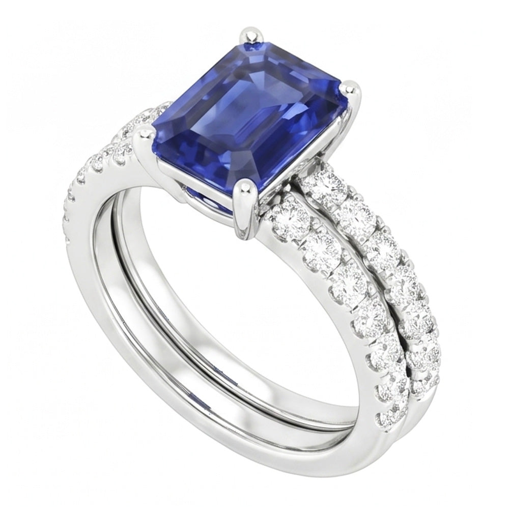 Ladies Natural Earth Mined Diamond Engagement Ring Set Emerald Cut Blue Sapphire 3 Carats