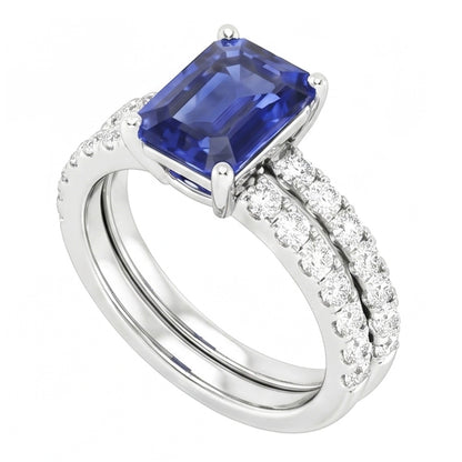 Ladies Natural Earth Mined Diamond Engagement Ring Set Emerald Cut Blue Sapphire 3 Carats