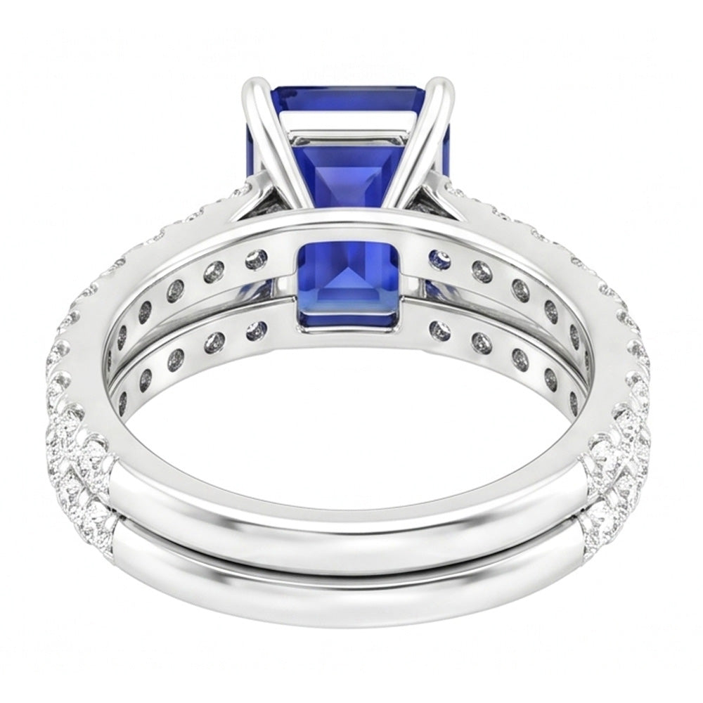 Ladies Natural Earth Mined Diamond Engagement Ring Set Emerald Cut Blue Sapphire 3 Carats