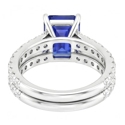 Ladies Natural Earth Mined Diamond Engagement Ring Set Emerald Cut Blue Sapphire 3 Carats