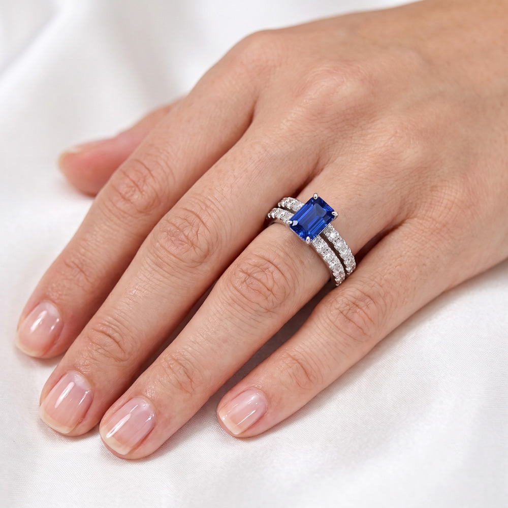 Ladies Natural Earth Mined Diamond Engagement Ring Set Emerald Cut Blue Sapphire 3 Carats
