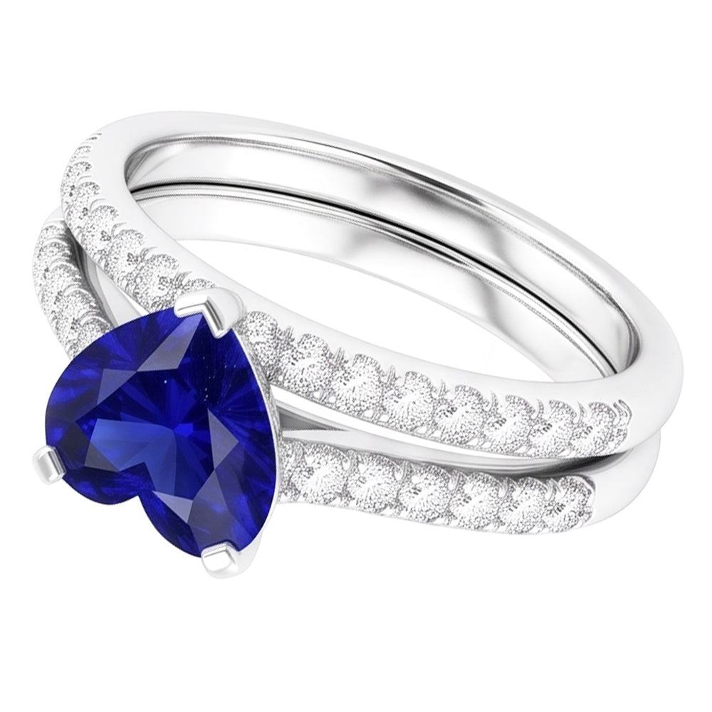 Ladies Natural Earth Mined Diamond Engagement Ring Set Heart Ceylon Sapphire 3.50 Carats