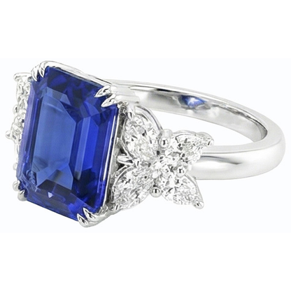 Ladies Natural Earth Mined Diamond Gemstone Ring Emerald Cut Ceylon Sapphire Gold 4 Carats