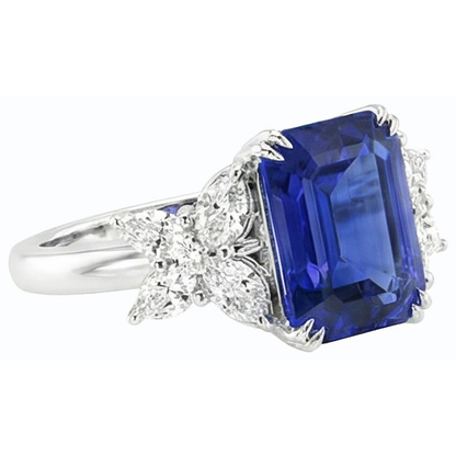 Ladies Natural Earth Mined Diamond Gemstone Ring Emerald Cut Ceylon Sapphire Gold 4 Carats