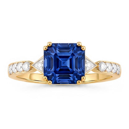 Ladies Natural Earth Mined Diamond Ring Asscher Ceylon Sapphire 2.50 Carats Two Tone Gold