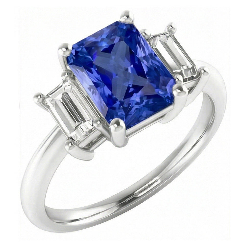 Ladies Natural Earth Mined Diamond Ring Ceylon Sapphire 4 Carat Prong Basket Set Baguettes