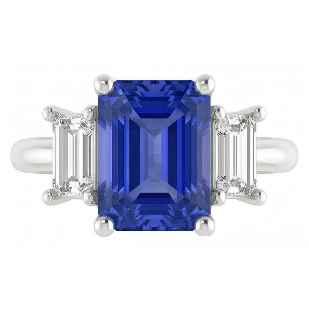 Ladies Natural Earth Mined Diamond Ring Ceylon Sapphire 4 Carat Prong Basket Set Baguettes