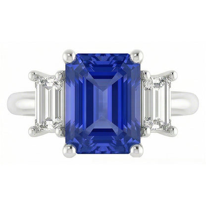 Ladies Natural Earth Mined Diamond Ring Ceylon Sapphire 4 Carat Prong Basket Set Baguettes