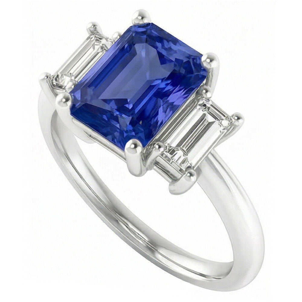Ladies Natural Earth Mined Diamond Ring Ceylon Sapphire 4 Carat Prong Basket Set Baguettes
