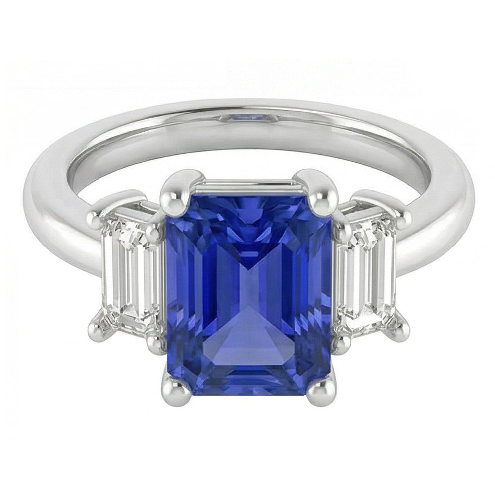 Ladies Natural Earth Mined Diamond Ring Ceylon Sapphire 4 Carat Prong Basket Set Baguettes