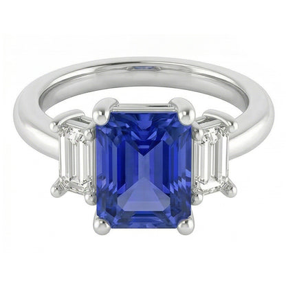 Ladies Natural Earth Mined Diamond Ring Ceylon Sapphire 4 Carat Prong Basket Set Baguettes