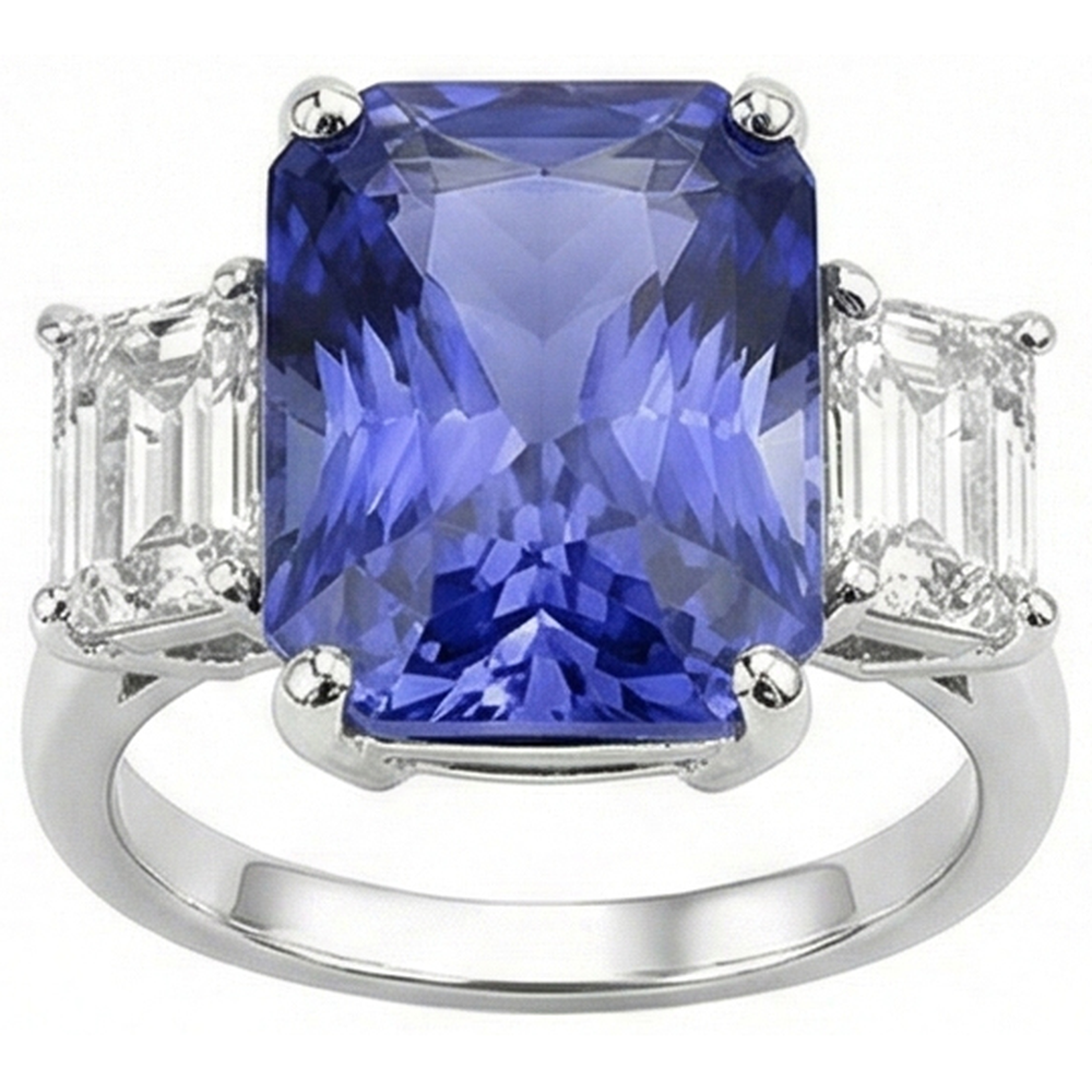Ladies Radiant 3 Stone Blue Sapphire Ring 7 Carats Emerald IGI CERTIFIED Diamonds
