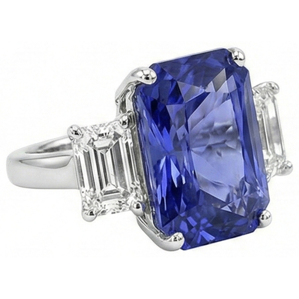 Ladies Radiant 3 Stone Blue Sapphire Ring 7 Carats Emerald IGI CERTIFIED Diamonds