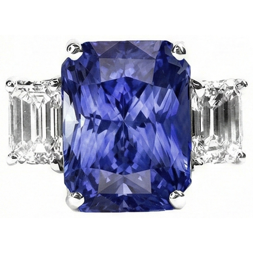 Ladies Radiant 3 Stone Blue Sapphire Ring 7 Carats Emerald IGI CERTIFIED Diamonds