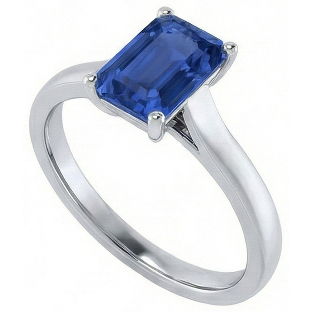 Natural Real ( Not Lab Grown )  Ladies Solitaire Ring Emerald Blue Sapphire 2 Carats 14K White Gold