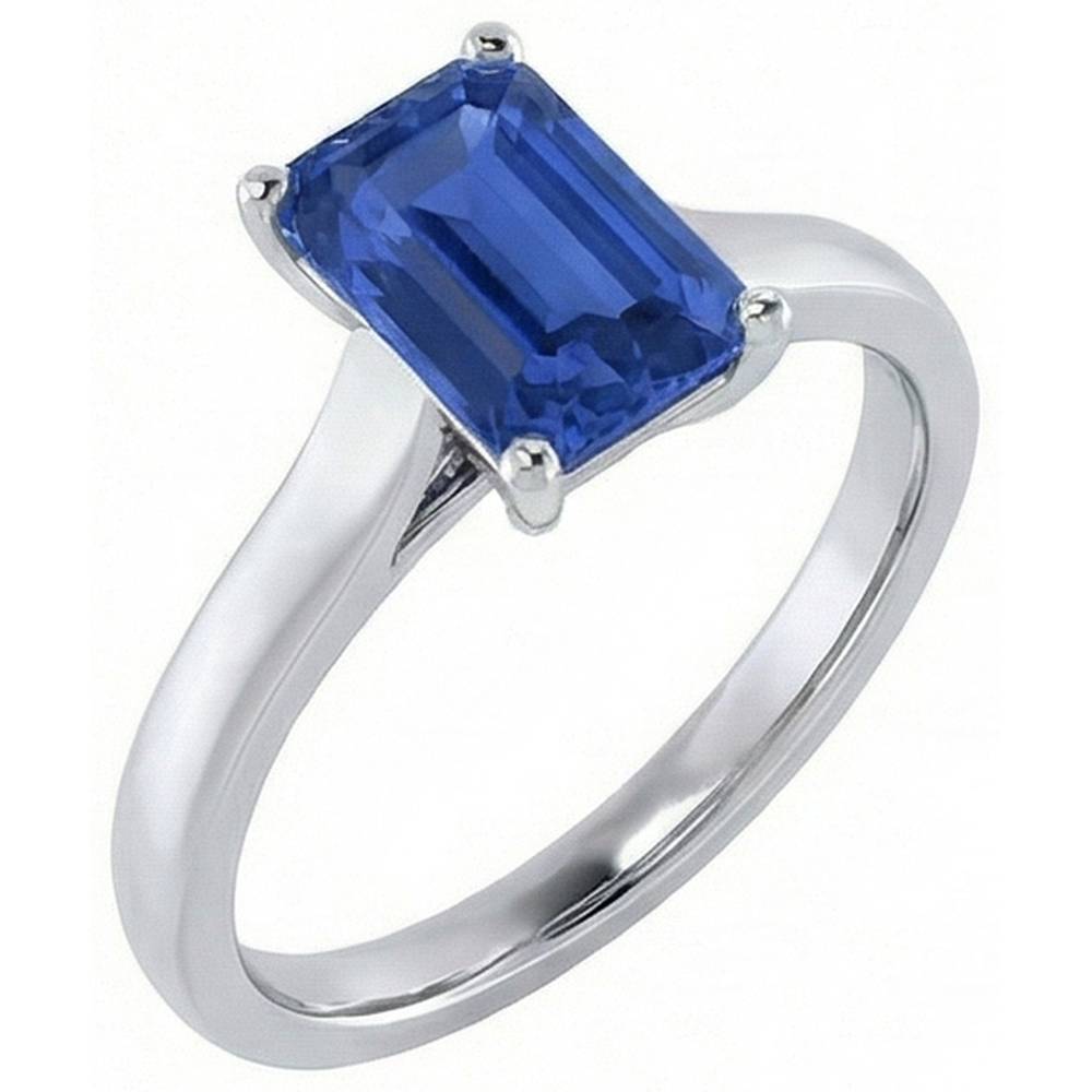 Natural Real ( Not Lab Grown )  Ladies Solitaire Ring Emerald Blue Sapphire 2 Carats 14K White Gold