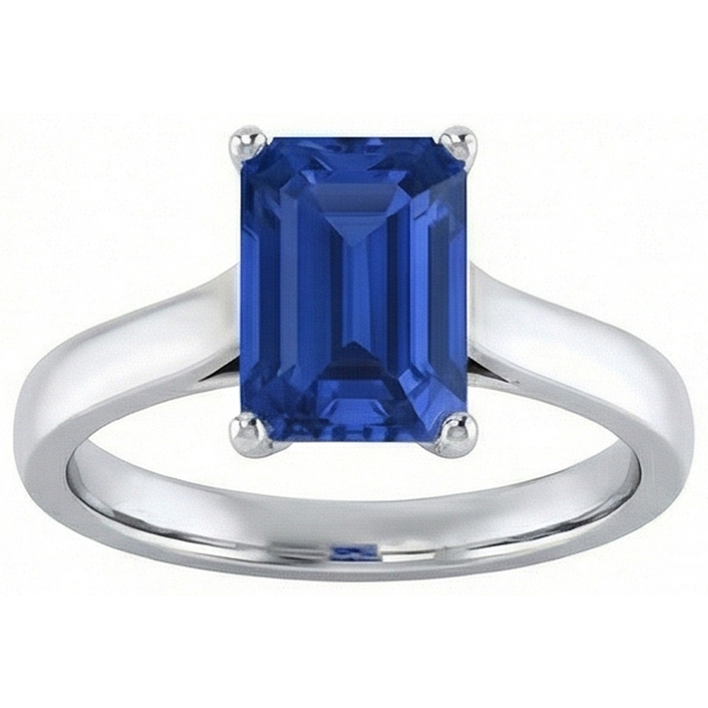 Natural Real ( Not Lab Grown )  Ladies Solitaire Ring Emerald Blue Sapphire 2 Carats 14K White Gold