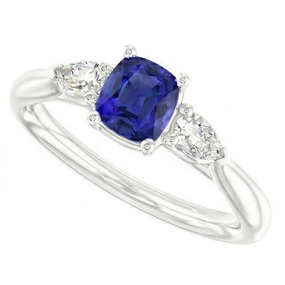 Ladies Three Stone Cushion Sapphire Ring 2 Carats Pear Natural Earth Mined Diamond Jewelry