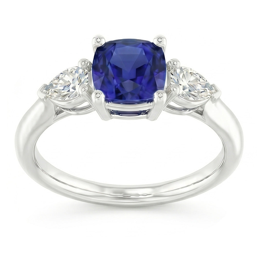 Ladies Three Stone Cushion Sapphire Ring 2 Carats Pear Natural Earth Mined Diamond Jewelry