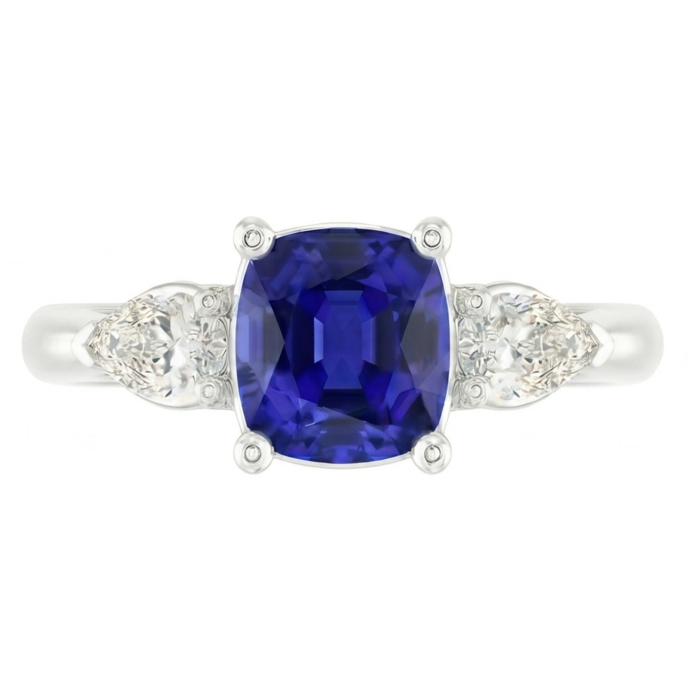 Ladies Three Stone Cushion Sapphire Ring 2 Carats Pear Natural Earth Mined Diamond Jewelry