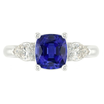 Ladies Three Stone Cushion Sapphire Ring 2 Carats Pear Natural Earth Mined Diamond Jewelry