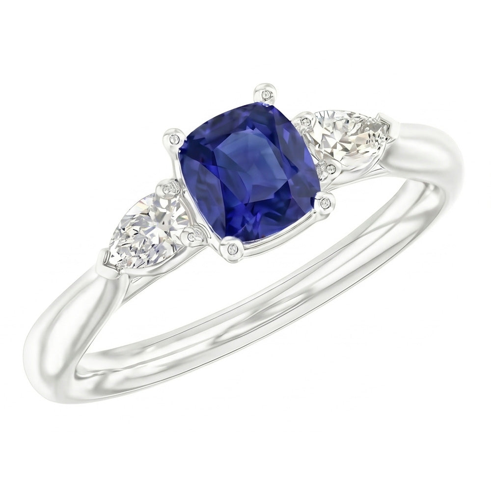 Ladies Three Stone Cushion Sapphire Ring 2 Carats Pear Natural Earth Mined Diamond Jewelry