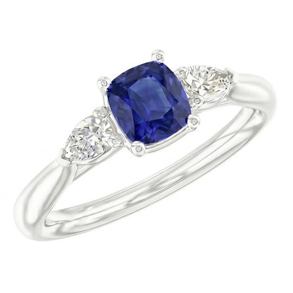 Ladies Three Stone Cushion Sapphire Ring 2 Carats Pear Natural Earth Mined Diamond Jewelry