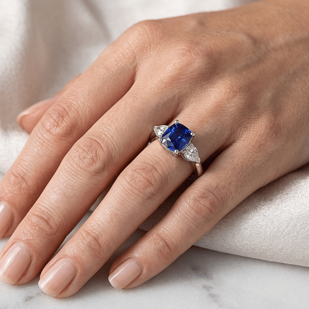 Ladies Three Stone Cushion Sapphire Ring 2 Carats Pear Natural Earth Mined Diamond Jewelry