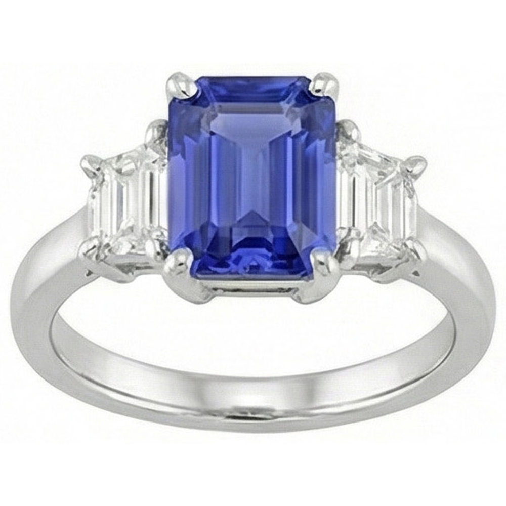 Natural Real ( Not Lab Grown )  Ladies Three Stone Emerald Ceylon Sapphire Ring 2.50 Carats White Gold