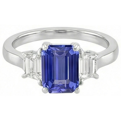 Natural Real ( Not Lab Grown )  Ladies Three Stone Emerald Ceylon Sapphire Ring 2.50 Carats White Gold