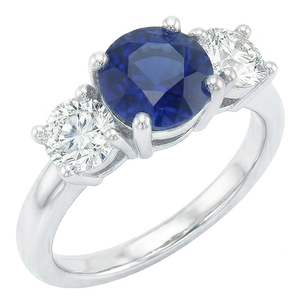 Ladies Three Stone Ring Round Ceylon Sapphire 2.50 Carats Natural Earth Mined Diamonds