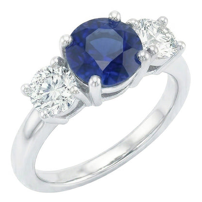 Ladies Three Stone Ring Round Ceylon Sapphire 2.50 Carats Natural Earth Mined Diamonds