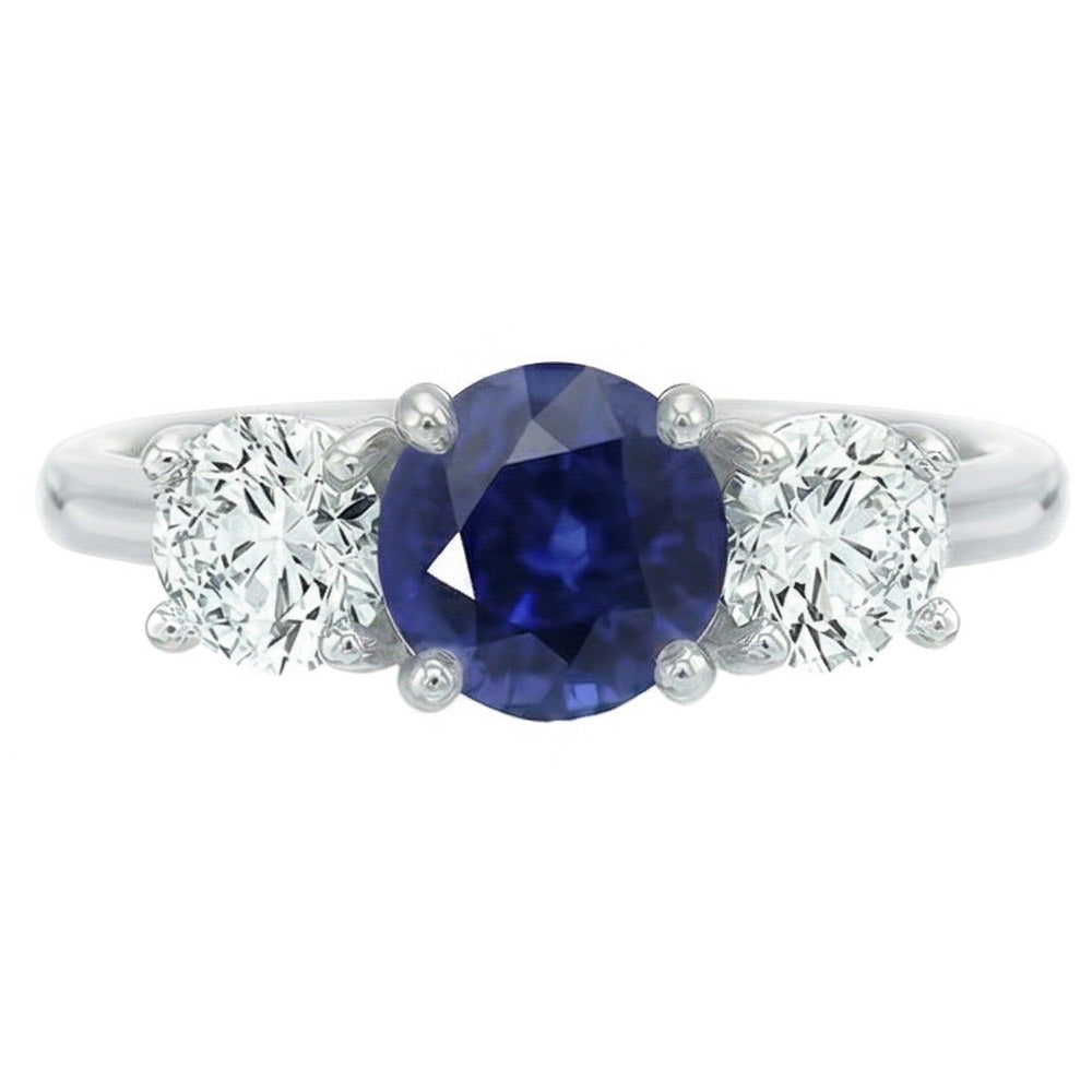 Ladies Three Stone Ring Round Ceylon Sapphire 2.50 Carats Natural Earth Mined Diamonds