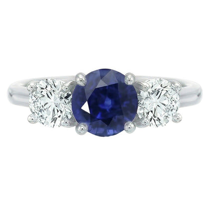 Ladies Three Stone Ring Round Ceylon Sapphire 2.50 Carats Natural Earth Mined Diamonds