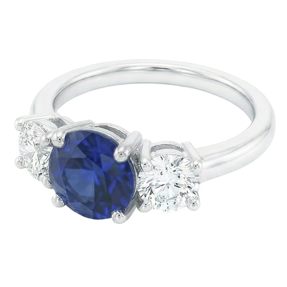 Ladies Three Stone Ring Round Ceylon Sapphire 2.50 Carats Natural Earth Mined Diamonds