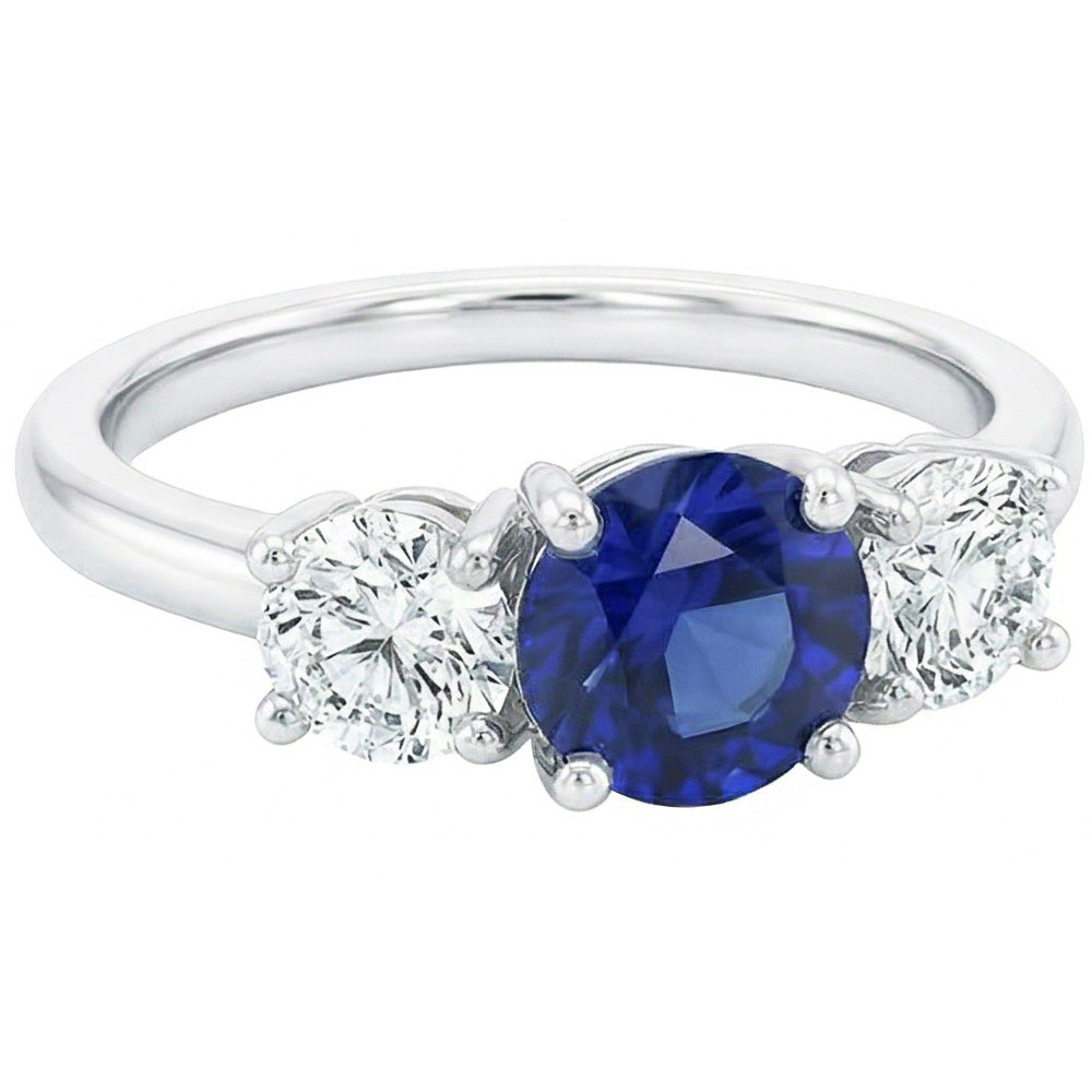 Ladies Three Stone Ring Round Ceylon Sapphire 2.50 Carats Natural Earth Mined Diamonds