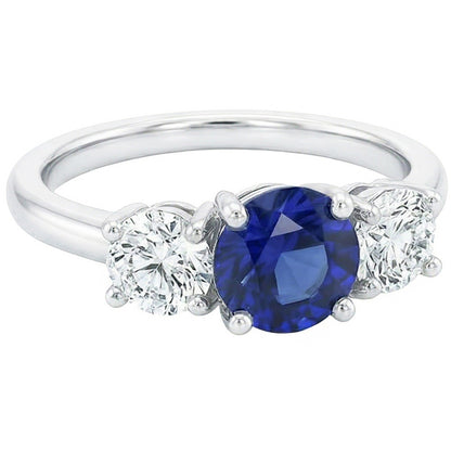 Ladies Three Stone Ring Round Ceylon Sapphire 2.50 Carats Natural Earth Mined Diamonds