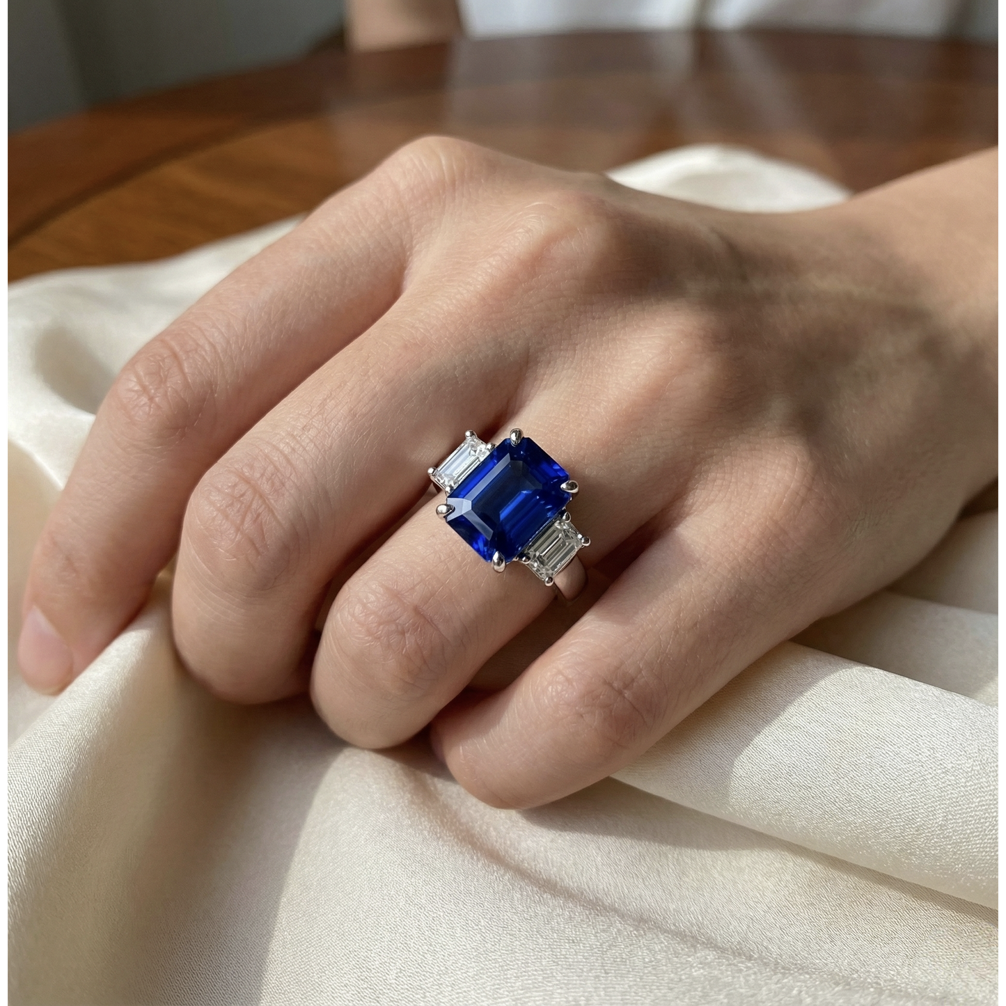 Ladies Gold Natural Earth Mined Diamond Ring Emerald Cut 5 Carats Sapphire Jewelry