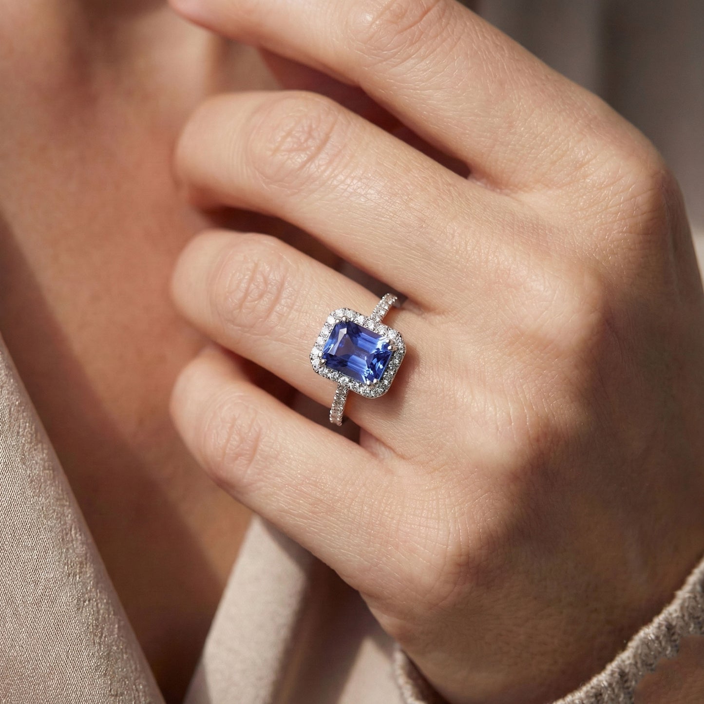Ladies Halo Deep Blue Sapphire Ring Radiant & Natural Earth Mined Diamonds 3.50 Carats