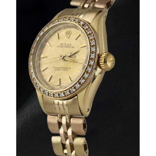 Ladies Rolex Oyster Perpetual Diamond Bezel Yellow Gold Watch